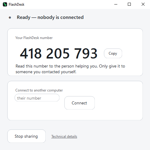 The FlashDesk window showing a large 9-digit number, a Copy button, and a single Stop sharing button — the entire program.